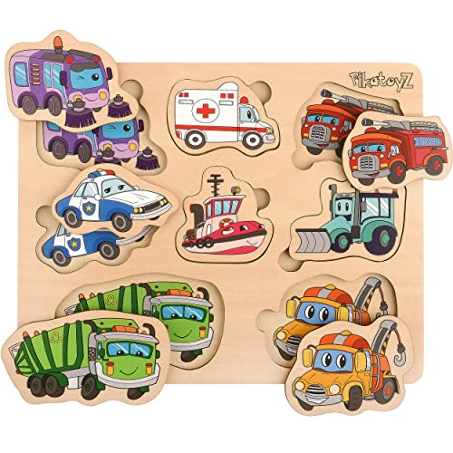 Pikatoyz Montessori Spielzeug ab 1 Jahr, 2 3 Jahre. Holzpuzzle ideal für Kindergeschenke. Holzspielzeug bestehend aus Puzzles mit Hilfsfahrzeuge. Steckpuzzle Holz ab 1 2 3 Jahre. Kinderpuzzle von Pikatoyz