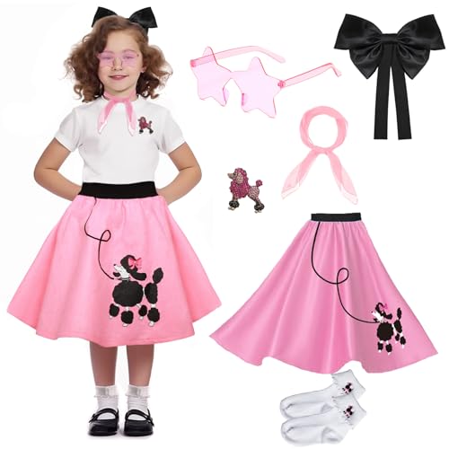 1950er Mädchen Pudelrock, Bobby-Socken, Chiffon-Schal, 50er-Jahre-Kostüm-Outfit für Kinder und Kleinkinder (Rosa, 7–10 Jahre) von Pikpops