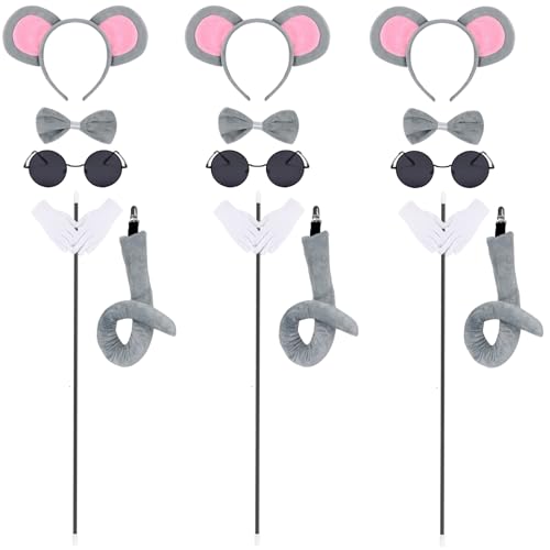 3er-Set Mäuse-Kostüm-Zubehör, Plüsch-Maus-Ohren und -Schwanz, Sonnenbrille, Fliege, Handschuhe für Damen, Familie, Halloween, Party, GRAU, Standard 3er-Set Mäuse-Kostüm-Zubehör, Plüsch-Maus-Ohren und -Schwanz, Sonnenbrille, Fliege, Handschuhe für Damen, Familie, Halloween, Party, GRAU, Standard von Pikpops