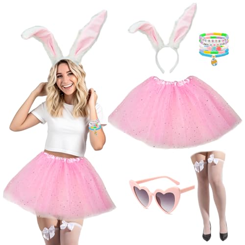 Damen Osterhasen Kostüm Set Hasenohren Stirnband Rosa Tutu Rock & Kits Niedliches Kaninchen Outfit für Ostern Cosplay Party, Pink, Einheitsgröße Damen Osterhasen Kostüm Set Hasenohren Stirnband Rosa Tutu Rock & Kits Niedliches Kaninchen Outfit für Ostern Cosplay Party, Pink, Einheitsgröße von Pikpops