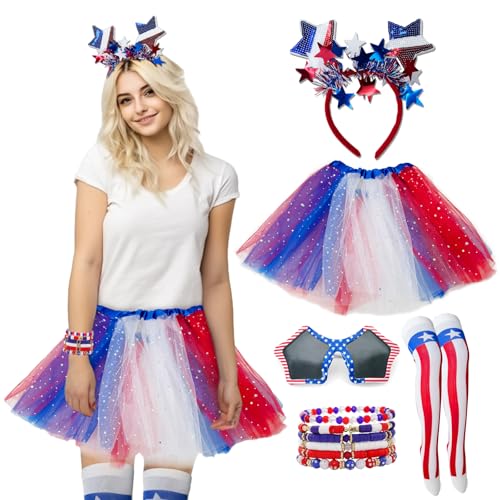 Patriotisches Kostüm für Damen zum 4. Juli, rot, weiß und blau, mit amerikanischer Flagge, Stirnband, Tutu-Rock und Kits für Unabhängigkeitstag, Paraden und patriotische Partys (USA) von Pikpops