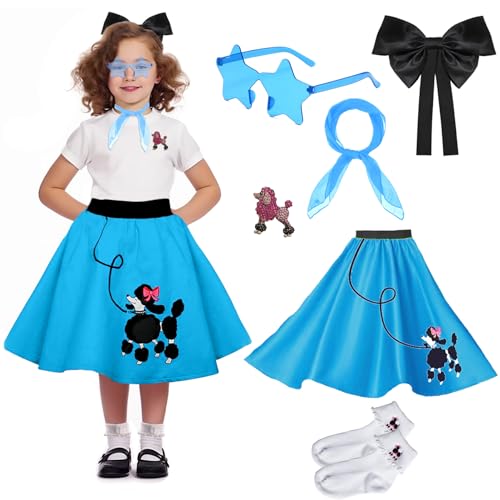 Pikpops 1950er Mädchen Pudelrock, Bobby-Socken, Chiffon-Schal, 50er-Jahre-Kostüm-Outfit für Kinder und Kleinkinder (Blau, 4–6 Jahre) von Pikpops