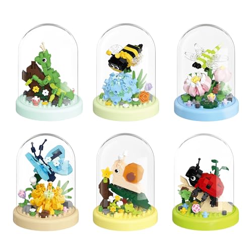 Pilikoll 6 Stück Blumen Insekten Bausteine Set Blumen Insekten Klemmbausteine mit Schutzhülle DIY blumens-insektens Klemmbausteine Bausteine für Home Dekor, Geburtstagsgeschenk, Erwachsene von Pilikoll