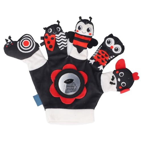 Handpuppen -Tier geformte interaktive pädagogische Handpuppenpuppe mit eingebauten Rasseln für Babykinder sichere weiche musikalische Entwicklung visuelle Stimulation (Schwarz rot) von Pilipane