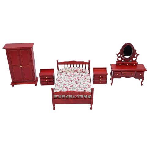 Puppenhaus-Schlafzimmermöbel aus Holz im Maßstab 1/12, Bett, Frisiertisch, Kleiderschrank, Puppenhaus-Miniaturmöbel-Set, rot Puppenhaus-Schlafzimmermöbel aus Holz im Maßstab 1/12, Bett, Frisiertisch, Kleiderschrank, Puppenhaus-Miniaturmöbel-Set, rot von Pilipane