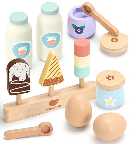 Pillowhale Holzspielzeug Lebensmittel Set Kinderküche Zubehör Holz Kaufladen Kinder Kühlschrank Zubehör mit Eiscreme Set Getränke-Set Holz Eier Geschenke für Jungen Mädchen Wooden Fridge Food von Pillowhale