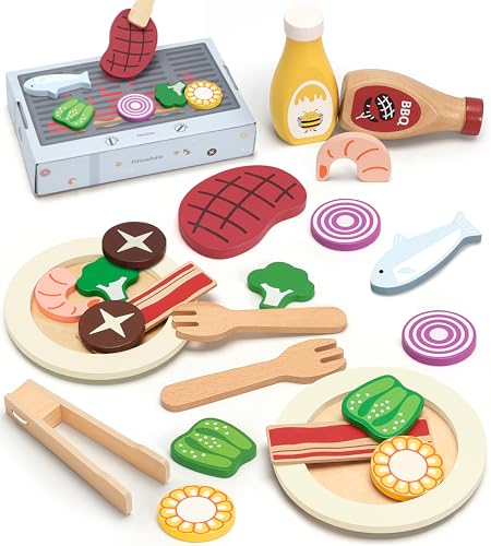 Pillowhale Spielzeug Lebensmittel Set, 24 Teile Holz Grill Spielzeug zum Rollenspiel, Küchenaccessoires für Kleinkinder, Jungen und Mädchen ab 3 Jahren Pillowhale Spielzeug Lebensmittel Set, 24 Teile Holz Grill Spielzeug zum Rollenspiel, Küchenaccessoires für Kleinkinder, Jungen und Mädchen ab 3 Jahren von Pillowhale