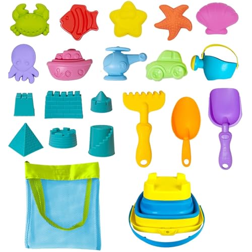 1 Set Sandspielzeug, Plastik-Strandspielzeug, faltbarer Sandeimer mit Sommergitterbeutel, Schaufel, Rechen, Bewässerung und mehr Sandbox-Werkzeuge im Freien für Kleinkinder im Alter von 3 bis 10 Jahr von Pineeseatile