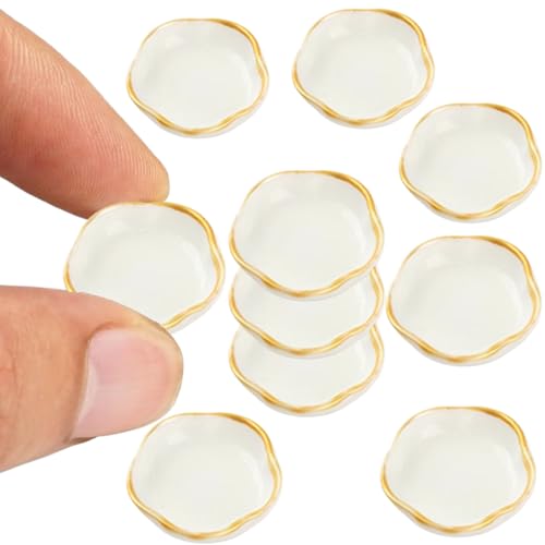 Pineeseatile 10pcs Miniatur -Küchenset, Harzplatten 1/12 Maßstab Accessoires Weiß mit goldenen Verkleidungen runde Gerichte Miniaturmöbel Dekoration Ornament für Vintage Kitchen Esszimmer, Set, Set von Pineeseatile