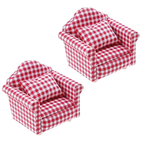 2pcs Dollhouse Couch mit Kissen, rot Karierte 1 12 Skala Dollhouse Möbel Miniatur Sofa Arm Stuhl Raumszene Dekoration, Möbel von Pineeseatile
