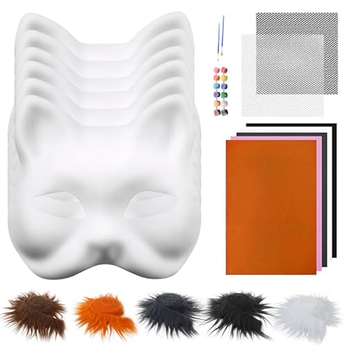 Das Therian Mask Kit enthält 6 DIY leere Katzenmaske mit 5 Kunstfell, 4 Augennetzblatt, 5 Filzstoff, 12-Farben-Farben und 2 Pinsel für Halloween Masquerade Cosplay Party von Pineeseatile