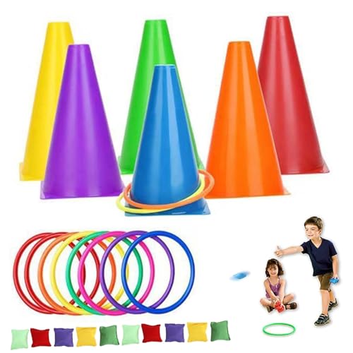 Kinderspiele, Spiele für Kinder bunte und einnehmende Spiele umfassen 6 Kegel, 10 Bohnensack, 10 Ring und 1 Aufbewahrungstasche für Karneval, Party, Feier, Outdoor von Pineeseatile