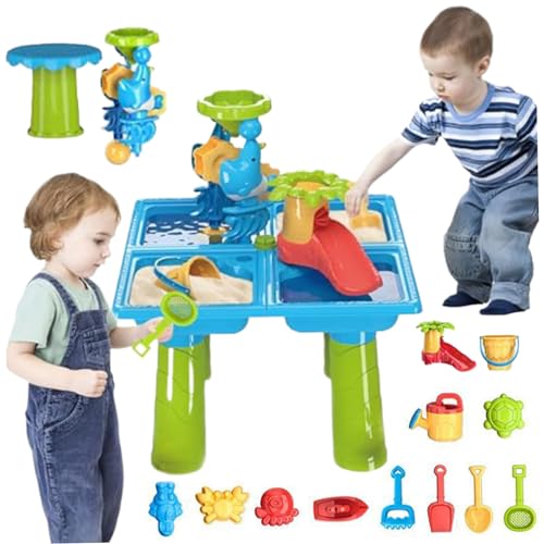 Kleinkind Wassertisch Set farbenfrohe interaktive Strandtisch im Freien mit 9 Stcs Spielzeugformen 4 Fächer PP Hinterhof Sommersensor für Kinder (17x17x22 in), Kinderwasser, Kids Water von Pineeseatile