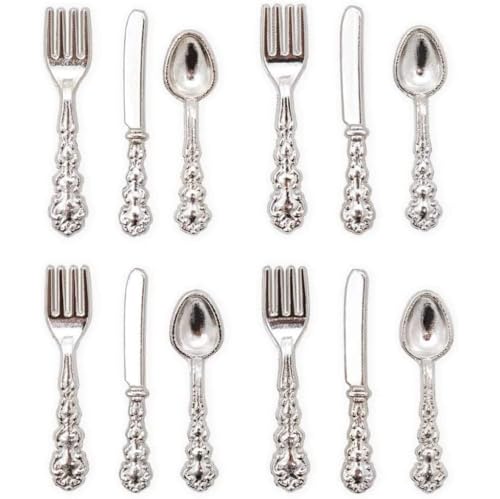 Pineeseatile 1/12 Scale Dolls House Miniatur -Bestecks ​​-Gabel -Spoon -Silberpuppenhaus -Küchenzubehör, Silber 12pcs, 1/12 Maßstab Accessoires von Pineeseatile