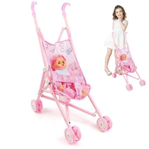 Pineeseatile Babypuppenwagen Set, 2pcs/Set Fold Doll Kinderwagen mit, süßem Posenbaby mit tragbaren Kleidung, Kutsche für Kleinkinder Mädchen, mit Pineeseatile Babypuppenwagen Set, 2pcs/Set Fold Doll Kinderwagen mit, süßem Posenbaby mit tragbaren Kleidung, Kutsche für Kleinkinder Mädchen, mit von Pineeseatile