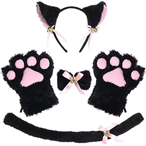 Pineeseatile Cat Cosplay Set Plush Cat Ohrs Pfoten mit Halskette und Schwanz für Halloween -Weihnachtsfeier (schwarz), Cat Cosplay -Kostüm von Pineeseatile