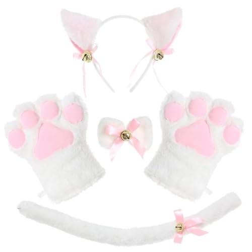 Pineeseatile Cat Cosplay Set Plush Cat Ohrs Pfoten mit Halskette und Schwanz für Halloween -Weihnachtsfeier (weiß), Cat Cosplay -Kostüm von Pineeseatile