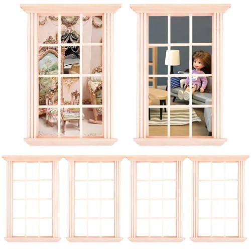 Pineeseatile Dollhouse Fenster 6PCS 1:12 Hölzer unbemalte Puppenhausmöbel DIY Friendly Realistic Miniatures Accessoires, Möbel von Pineeseatile