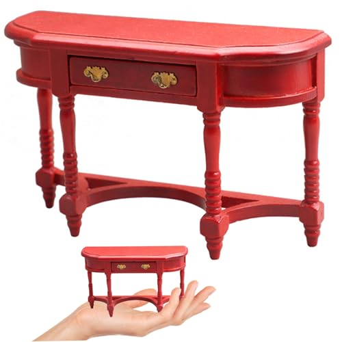Pineeseatile Dollhouse Möbel, Holzpuppenhaustisch, 1/12 Skala-Halbrunde Tisch mit Schubladenmodell Miniaturmöbeln für Wohnzimmer Schlafzimmerzubehör, rot, 1/12-Maßstab Zubehör von Pineeseatile