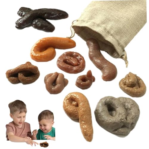 Pineeseatile Fake Poop -Set, 10pcs/Set Verschiedene Form gefälschter Poop -Spielzeug, realistischer gefälschter Hund Poop mit Kordelstring -Taschen für Streichtrick Prop Aprilscherz, Poop Toy von Pineeseatile