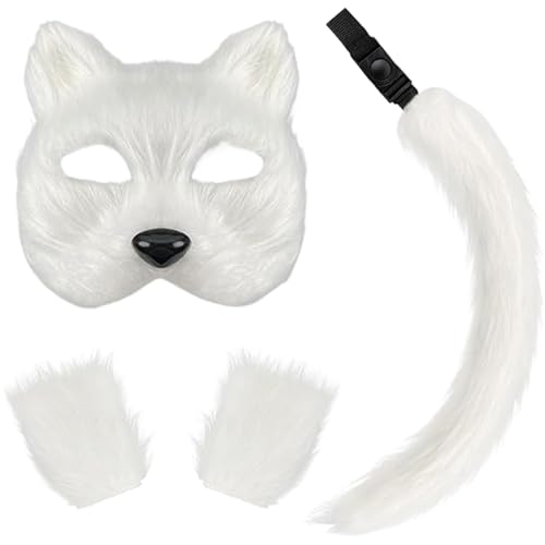 Pineeseatile Therian Gear, 3 PCs Therian Maske Faux Purry Maske Schwanzhandschuhe Set halb Gesichtsfuch von Pineeseatile