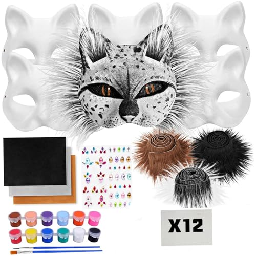 Pineeseatile Therian Mask Kit enthält 6 DIY Blank Cat Maske mit 3 Kunstfell, 12 Augennetzblech, 3 Filzstoff, 12-Farben-Farben, 1 Aufkleber und 2 Pinsel für Halloween-Masquerade-Cosplay-Party von Pineeseatile