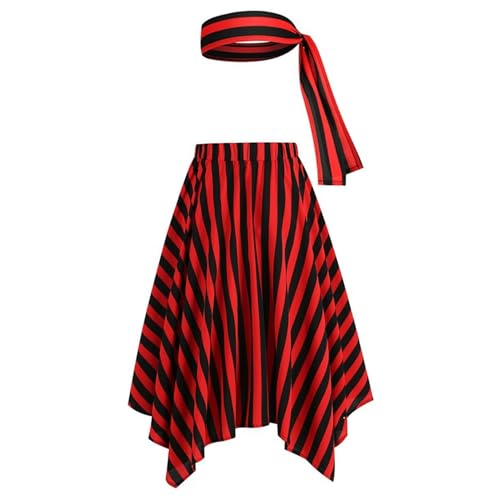 Piratenkleid und Kopfschal, rote und schwarze Streifen Piratenrock mit elastischem Bund für Frauen Halloween Kostüm, L. Piratenkleid und Kopfschal, rote und schwarze Streifen Piratenrock mit elastischem Bund für Frauen Halloween Kostüm, L. von Pineeseatile
