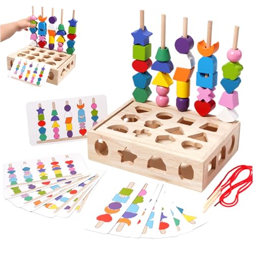 Schnürungsperlen für Kleinkinder 1-3, 1 Set Schnürung Perlen Holzstapel-Block-Spielzeugset mit 16 doppelseitigen Musterkarten, 2 Saite, 25 Farben, passende Formfarben Stapelspielzeug mit von Pineeseatile