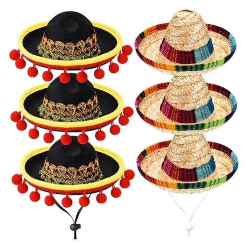 Pineeseatile Mini Sombrero Hats 6PCs kleine Sombrero Party Hüte mit einstellbarem Kinngurt Mexikanische Party Gefälligkeiten für Menschen und Haustiere - Dekorationen von Pineeseatile