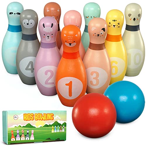 Pink Papaya Kegelspiel für Kinder | 12 teiliges Bowling Set | Spielzeug aus Holz | Outdoor & Indoor Spielzeug | schult & fördert Ihr Kind von Pink Papaya