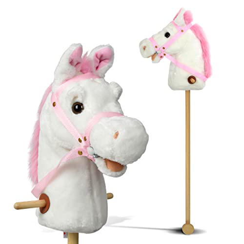 Pink Papaya Steckenpferd, Lilly, süßes Spielzeug Pferd aus Plüsch mit Sound Funktion: Gewieher und Galoppgeräusch - Farbe: weiß mit rosa Mähne von Pink Papaya