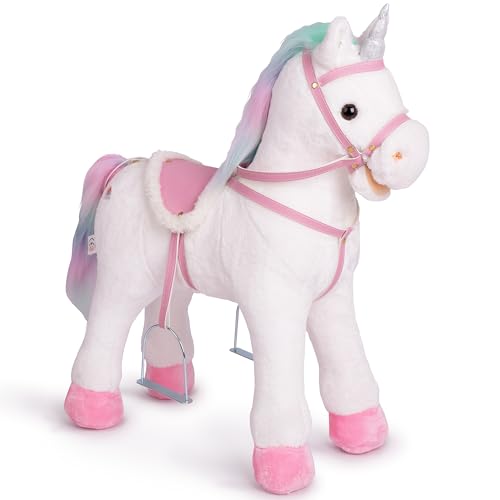 Pink Papaya Stehpferd zum draufsitzen | 60cm Spielpferd zum Reiten Rainbow | Pferd zum Reiten für Kinder mit Sound | Sattel Pferd von Pink Papaya