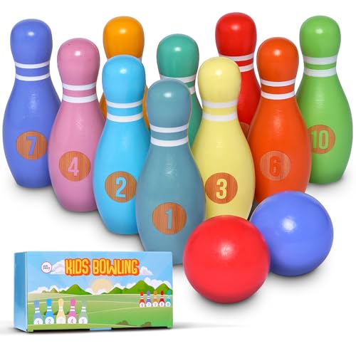 Pink Papaya XL Kegelspiel für Kinder - 12 teiliges Bowling Set, Outdoor & Indoor Spielzeug aus FSC-zertifiziertem Holz, schult & fördert Ihr Kind von Pink Papaya