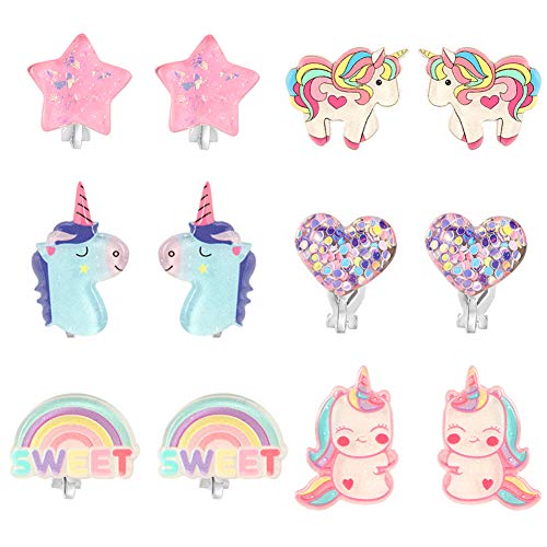 PinkSheep Einhorn Clip On Ohrringe für kleine Mädchen, Bling Earrings Regenbogen Ohrringe für Kinder, 6 Paare, Bestes Geschenk von PinkSheep
