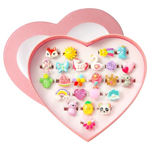 PinkSheep Juwelenringe für kleine Mädchen in Box, verstellbar keine Duplikation Mädchen Spielringe (24 Bling Ringe) von PinkSheep