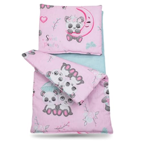 PinkZebra 3-teilig Puppenbettwäsche für Puppenbett, Decke + Kissen + Matratze, Puppenbettzeug mit Matratze, Bettwäsche aus Baumwolle für Puppen bis 48 cm, Pandabär Rosa von PinkZebra