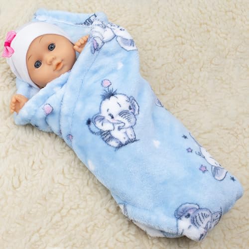 PinkZebra Puppendecke für Puppenbett, Decke 40 x 50 cm für Puppenwagen, weiche Decke für Kuscheltiere & Puppen von 28 bis 48 cm, kuschelige Überwurfdecke, Fleecedecke flauschig, Elefant Blau von PinkZebra