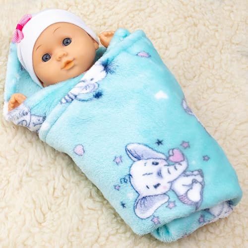 PinkZebra Puppendecke für Puppenbett, Decke 40 x 50 cm für Puppenwagen, weiche Decke für Kuscheltiere & Puppen von 28 bis 48 cm, kuschelige Überwurfdecke, Fleecedecke flauschig, Elefant Türkis von PinkZebra