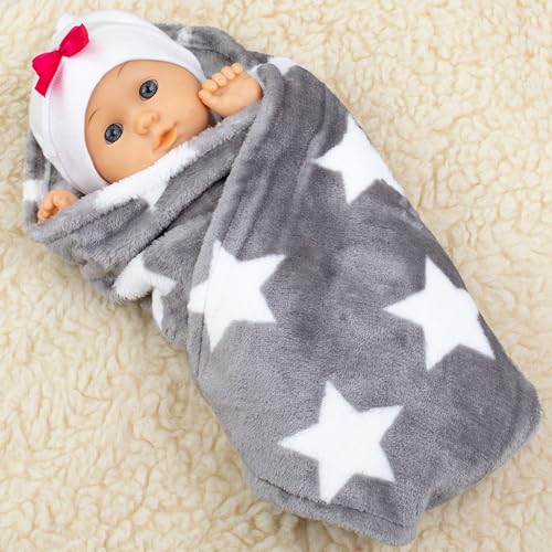 PinkZebra Puppendecke für Puppenbett, Decke 40 x 50 cm für Puppenwagen, weiche Decke für Kuscheltiere & Puppen von 28 bis 48 cm, kuschelige Überwurfdecke, Fleecedecke flauschig, Sterne von PinkZebra
