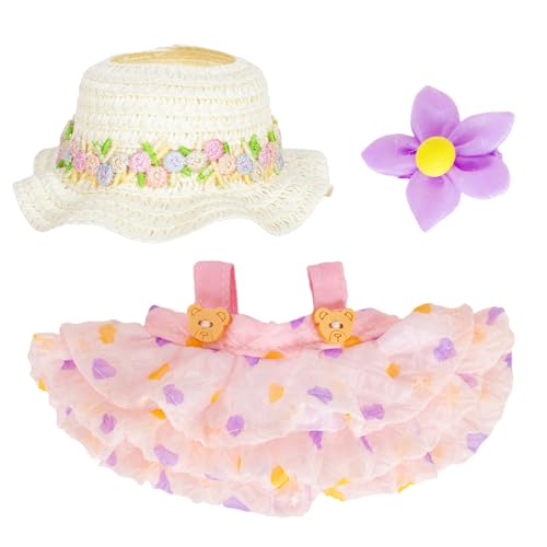 Handgefertigtes Puppenkleidungsset für 15-17 cm große Puppen – rosa Kleid, Strohhut, Blumenclip, Modeaccessoires für Puppenstyling & Sammlung von Pinkgarden