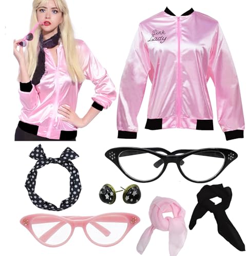 Halloween Cosplay Supplies Damen Vintage Pink Lady 1950er Jahre Satinjacke Kostüm mit gepunktetem Halstuch, Zubehör-Set (rosa schwarzer Rand, XX-Large) von Pinklady Costumes