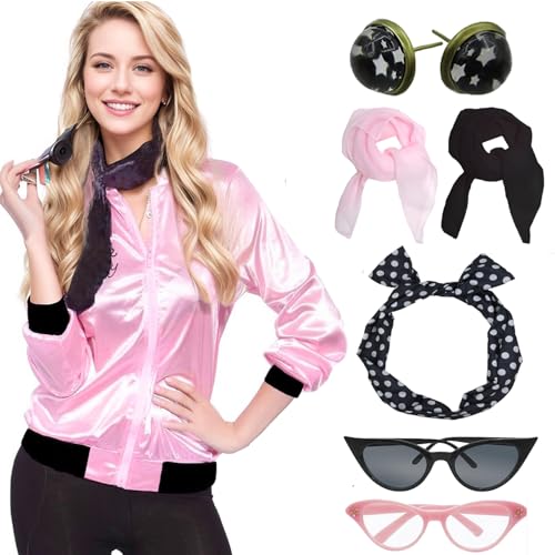 Retro 1950er Jahre Rosa Dame Satin Jacke Schal Stirnband Ohrringe Brille Halloween Cosplay Kostüm Zubehör (Rosa Schwarz Bordüre, XX-Large) von Pinklady Costumes