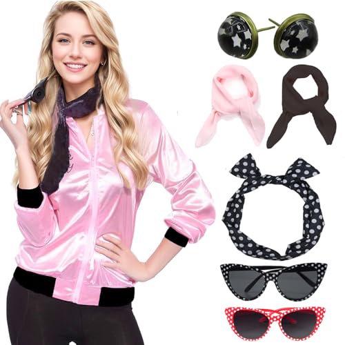 Retro 1950er Jahre Rosa Dame Satin Jacke Schal Stirnband Ohrringe Brille Halloween Cosplay Kostüm Zubehör (Rosa Schwarzer Rand 2, X-Large) von Pinklady Costumes
