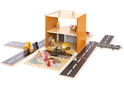 Spielwelt 'Baustelle Gustav' mit 12-tlg. Zubehör von PINOLINO, modulare Umbaumöglichkeiten, Reisespielzeug, inkl. Figuren von PINOLINO