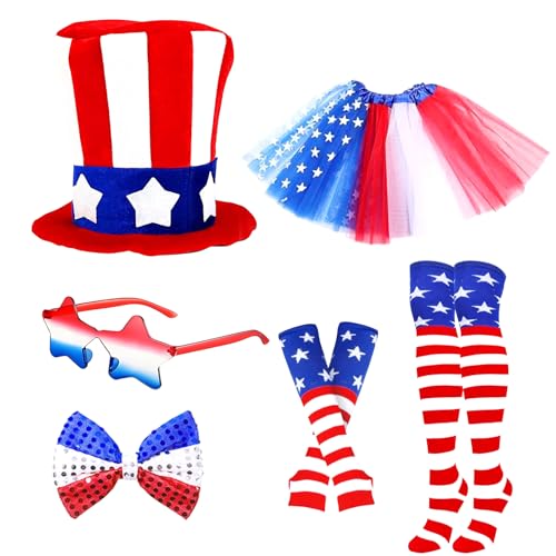 Pinsway Frauenkostüm 4. Juli, Unabhängigkeitstag, patriotisches Verkleiden mit USA-Zylinder, Tutu-Handschuh und Socken, Set für Kanivaljäger, Set 1, L Pinsway Frauenkostüm 4. Juli, Unabhängigkeitstag, patriotisches Verkleiden mit USA-Zylinder, Tutu-Handschuh und Socken, Set für Kanivaljäger, Set 1, L von Pinsway
