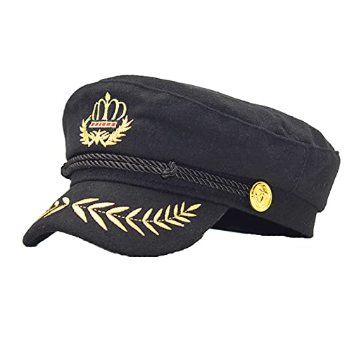 Pinsway Klassischer Kapitänsmütze mit bestickter Königskrone, Newsboy Cap Chauffeur Hüte, Boot Yacht Hut Nautisch 1. Kreuzfahrt Kostüm (Schwarz) von Pinsway