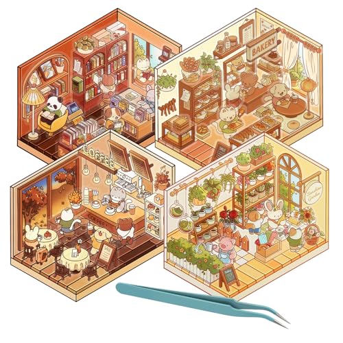 4 Set DIY 3D House Stickers, Cute Stickers DIY Scene Stickers Make Your Own Katzencafé, Buchhandlung, Bäckerei, sonniger Garten Miniatur Szenen Aufkleber Mit Tweezer Geschenk für Kinder 4 Set DIY 3D House Stickers, Cute Stickers DIY Scene Stickers Make Your Own Katzencafé, Buchhandlung, Bäckerei, sonniger Garten Miniatur Szenen Aufkleber Mit Tweezer Geschenk für Kinder von Pinyenr