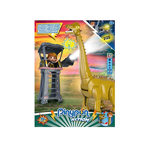 Pinypon Action - Diplodocus und Wachturm, Spielset mit Licht und Actionfiguren Entdecker und Spielzeug-Dinosaurierpuppe mit leuchtenden Augen, Set +4 Jahre, Famosa (PNC27000) von Pinypon Action