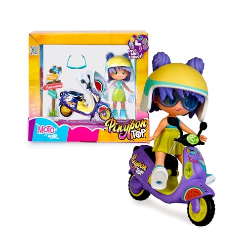 Pinypon TOP Moto Girl, bewegliche Figur mit Armen und Beinen, Set für Mädchen mit Motorrad, inklusive Helm und Brille, austauschbare Kleidung und Schuhe, doppelseitig, ab 4 Jahren, berühmt (PNN03000) von Pinypon TOP