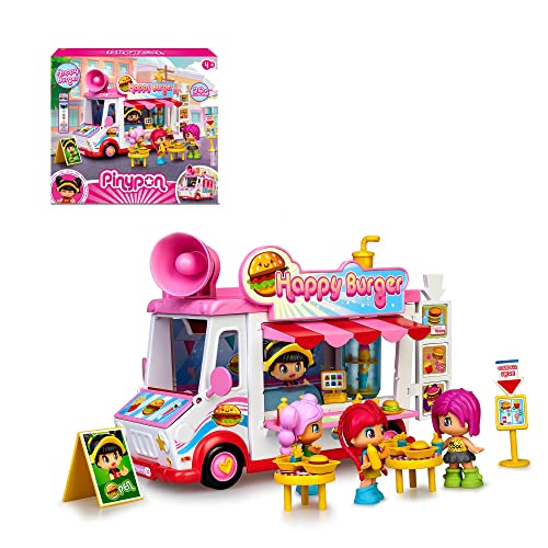 Pinypon - Happy Burger, Hamburger Foodtruck Playset Spielzeug Set mit vielen Spielmöglichkeiten, 1 Puppe, Zubehör und Aufbewahrungsfach, für Kinder ab 4 Jahren, Famosa (700017210) von Pinypon